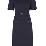 Navy Blue Belt and Pocket Detail Short Sleeve Dress