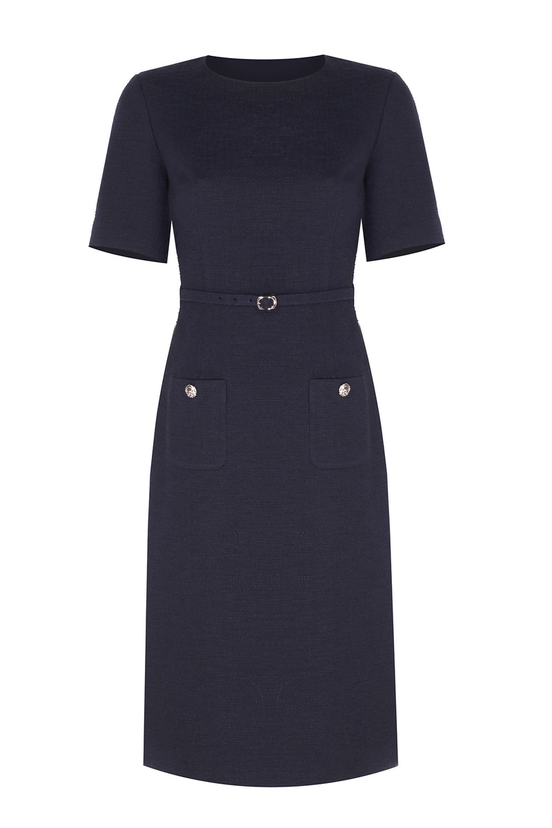 Navy Blue Belt and Pocket Detail Short Sleeve Dress