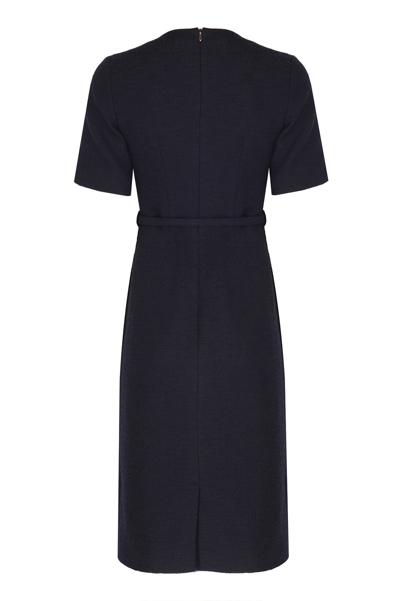 Navy Blue Belt and Pocket Detail Short Sleeve Dress
