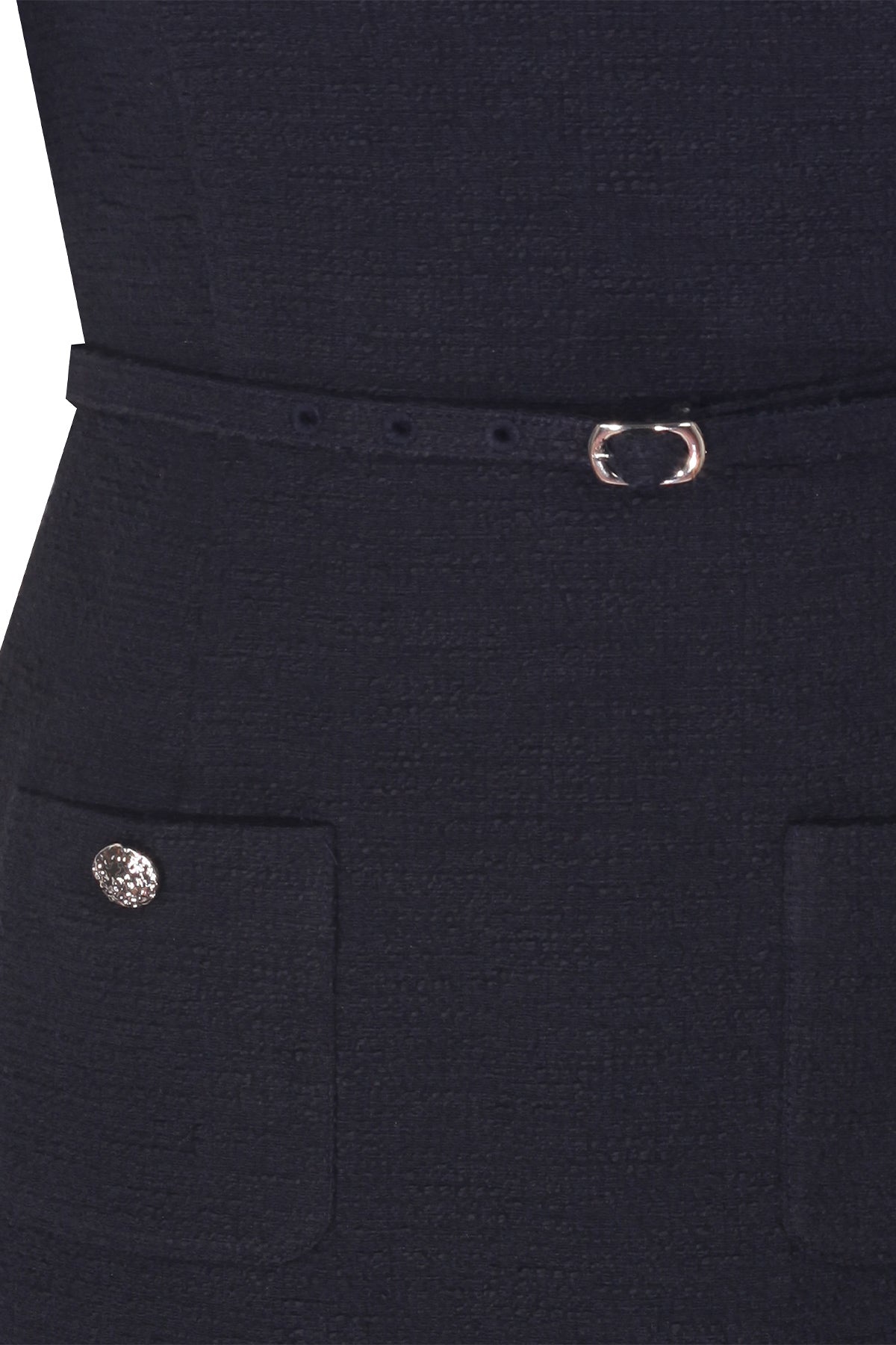Navy Blue Belt and Pocket Detail Short Sleeve Dress
