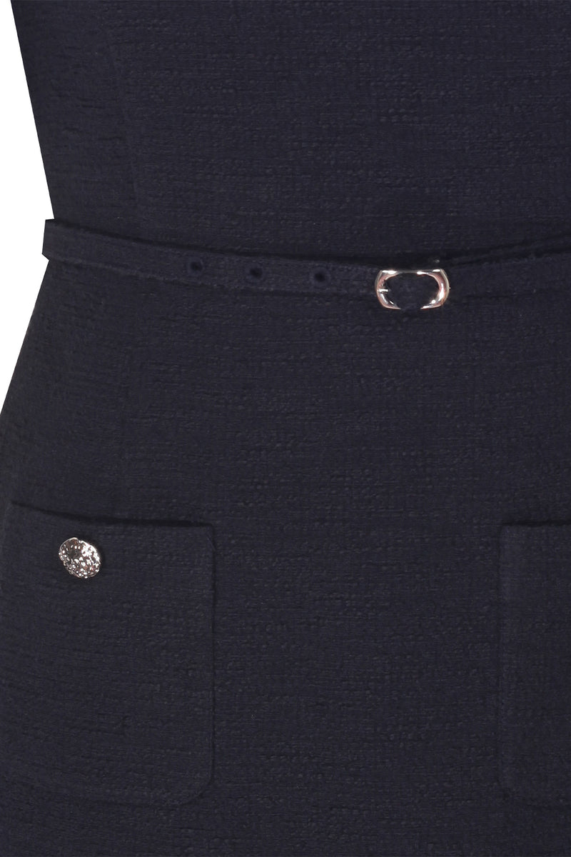 Navy Blue Belt and Pocket Detail Short Sleeve Dress