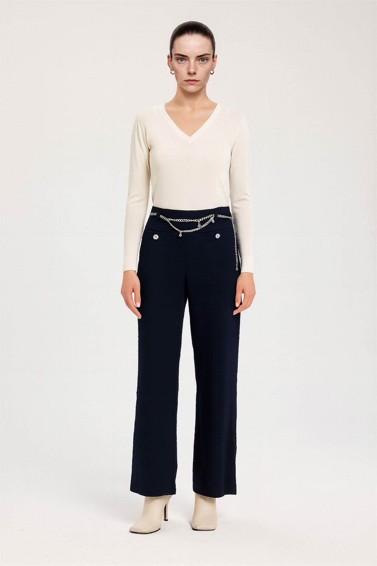 Navy Blue Chain Belted Tweed Women's Pants