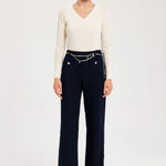 Navy Blue Chain Belted Tweed Women's Pants