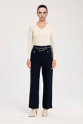 Navy Blue Chain Belted Tweed Women's Pants