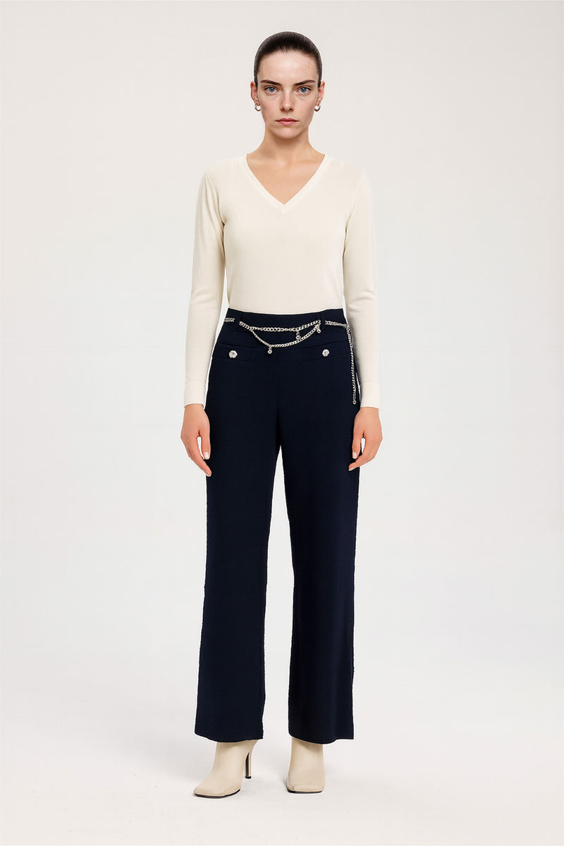 Navy Blue Chain Belted Tweed Women's Pants