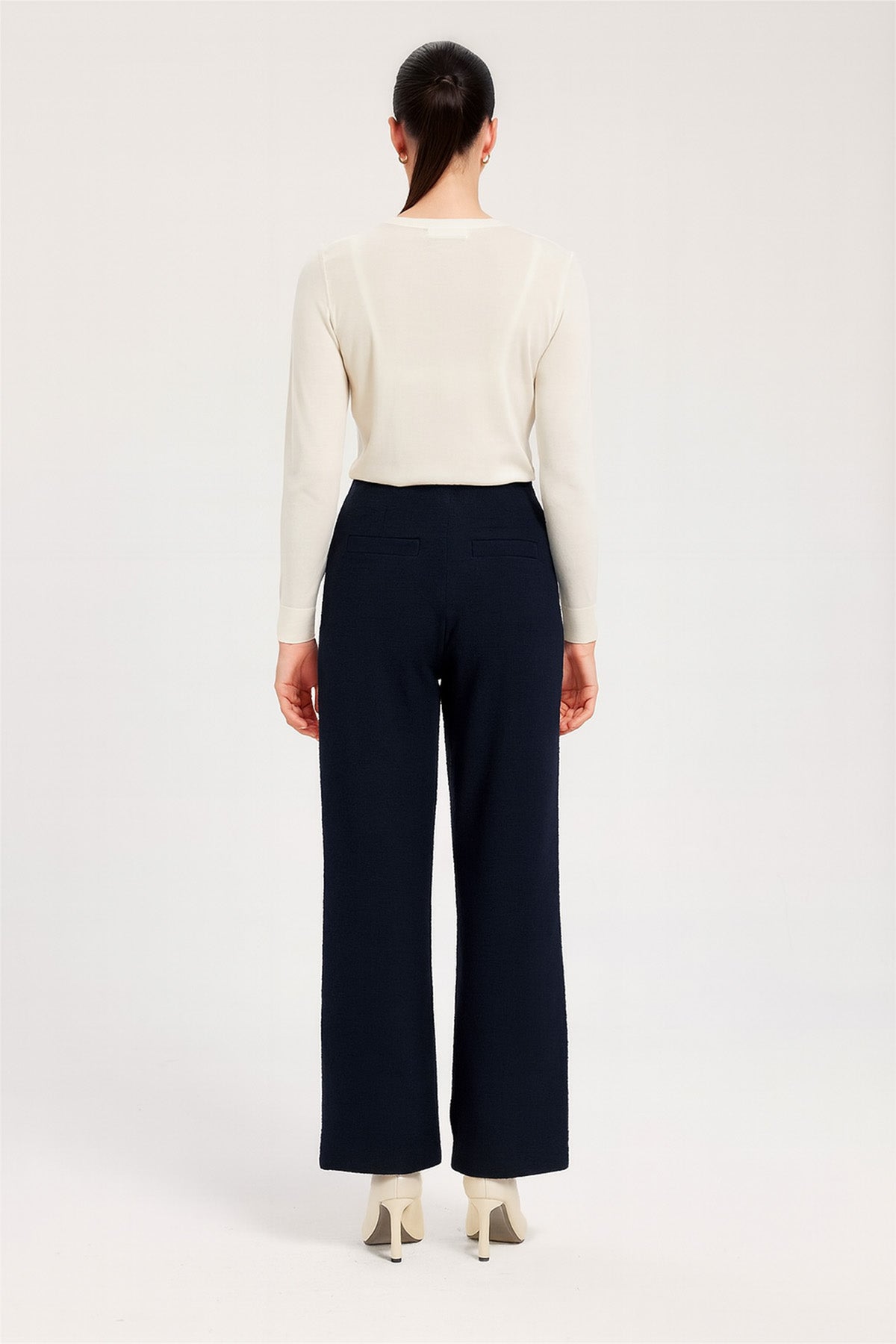 Navy Blue Chain Belted Tweed Women's Pants