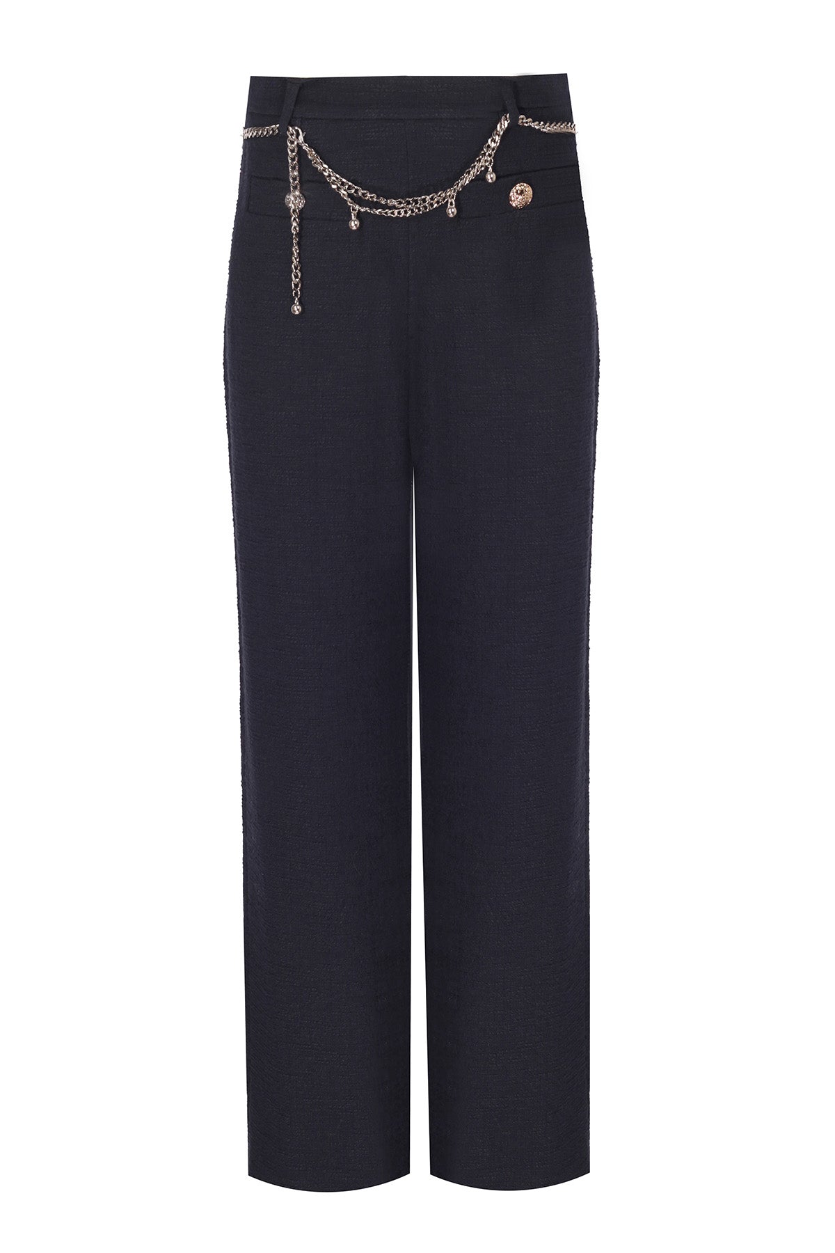 Navy Blue Chain Belted Tweed Women's Pants