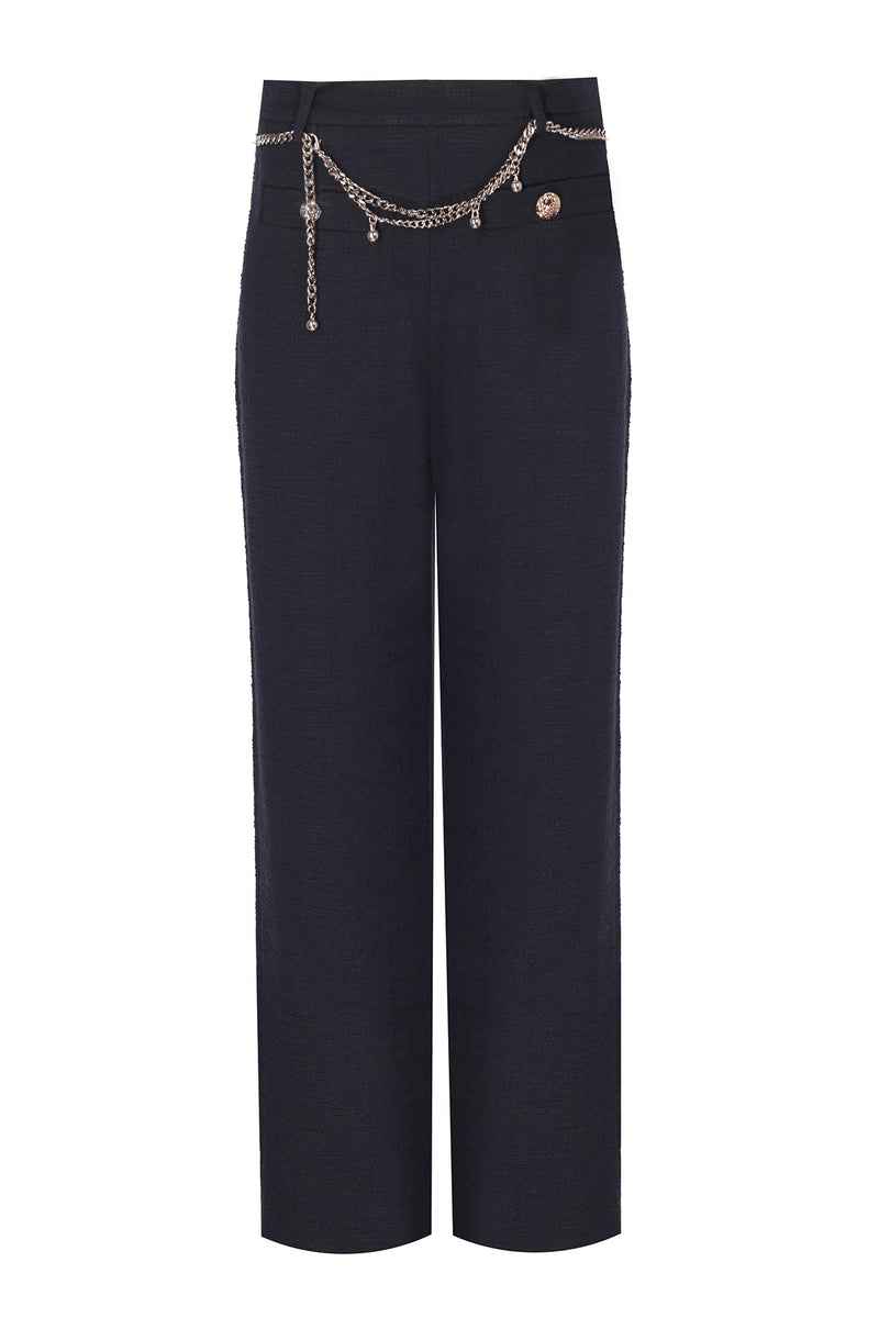 Navy Blue Chain Belted Tweed Women's Pants