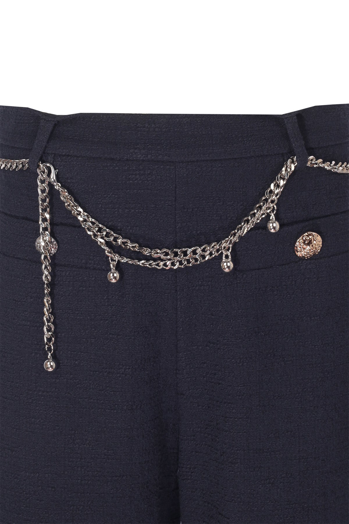 Navy Blue Chain Belted Tweed Women's Pants