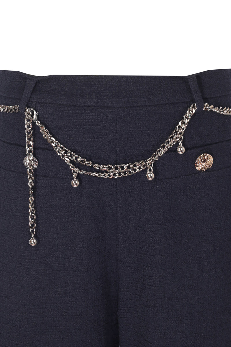 Navy Blue Chain Belted Tweed Women's Pants