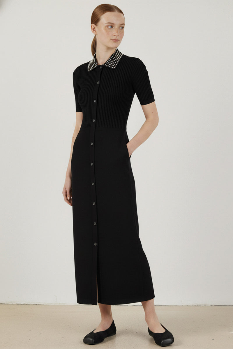 Black Pearl Detailed Front Button Dress