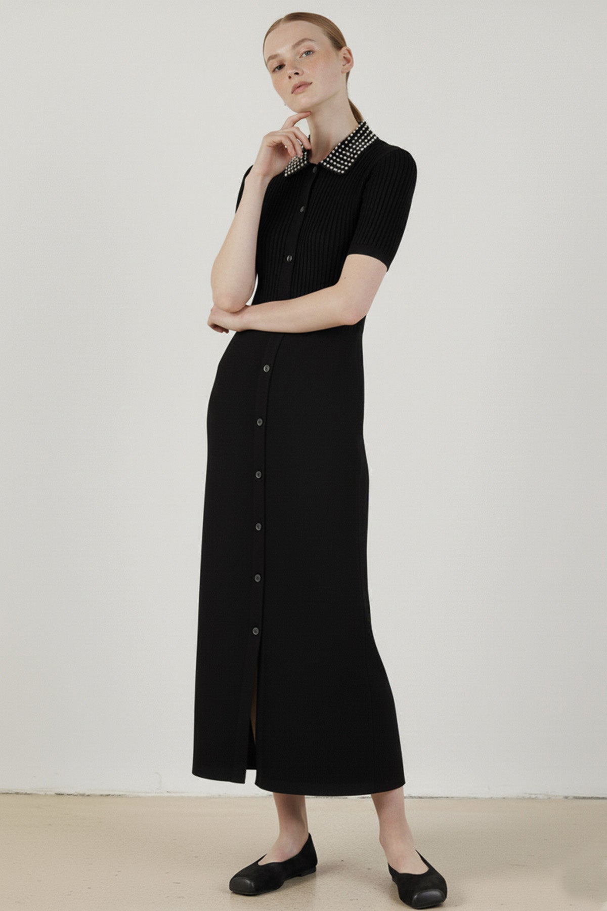 Black Pearl Detailed Front Button Dress