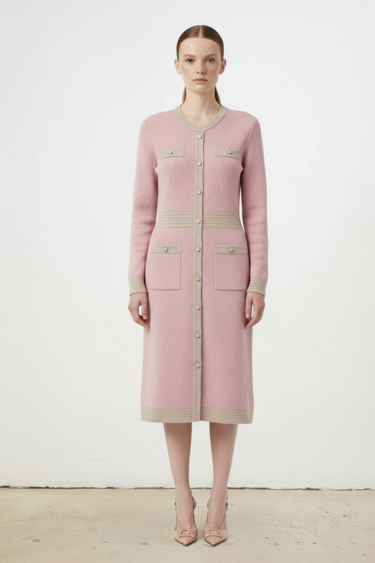 Rose Pink Camel Front Buttoned Women's Dress