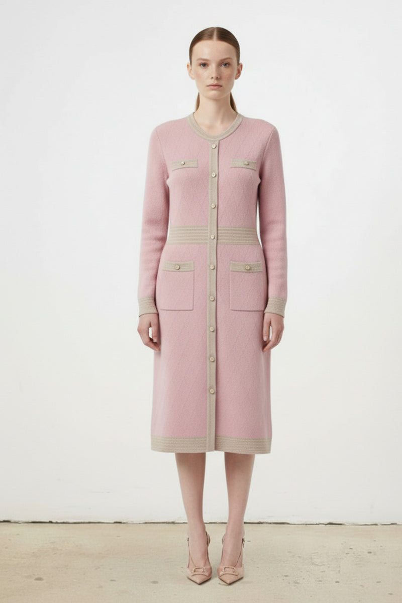 Rose Pink Camel Front Buttoned Women's Dress