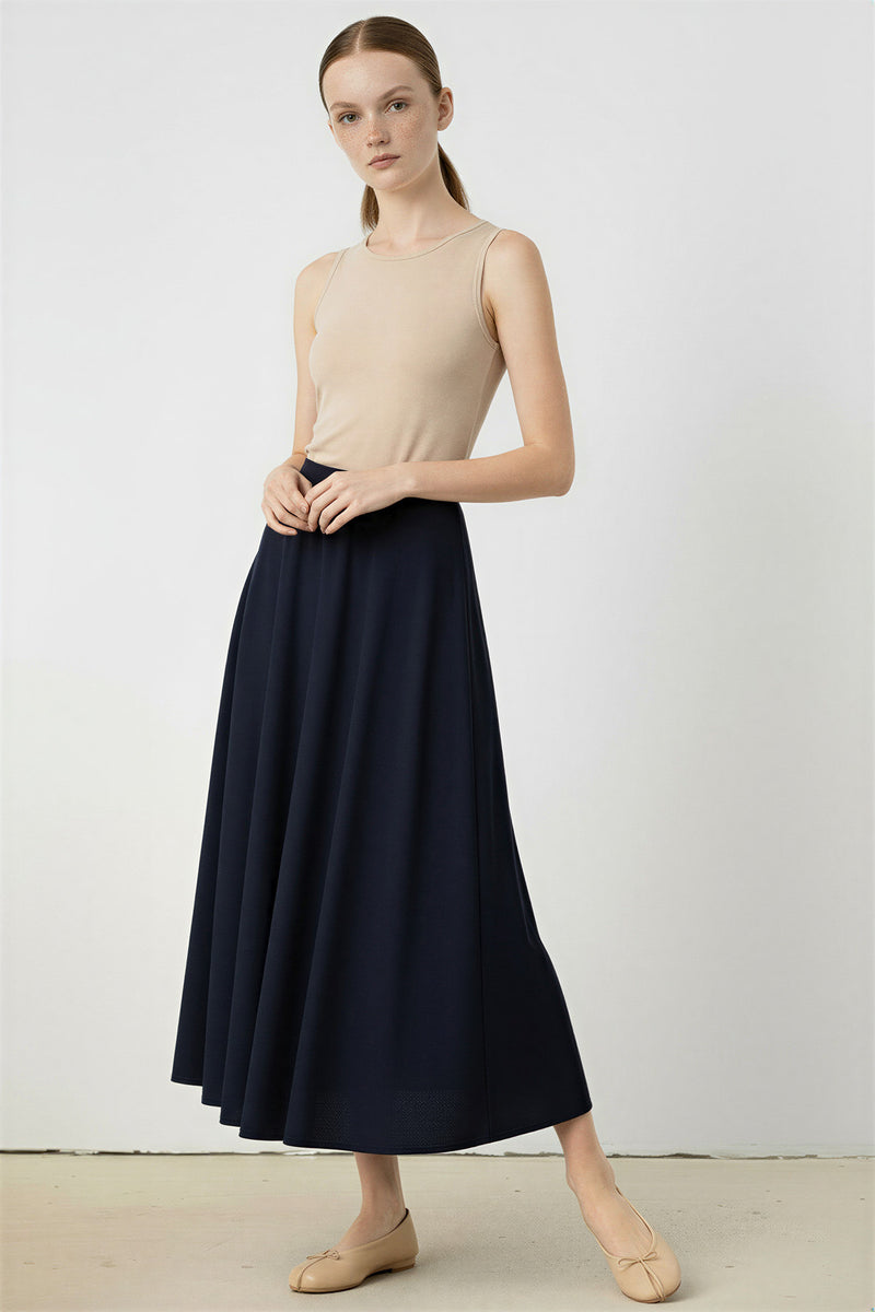 Navy Pleated Midi Skirt