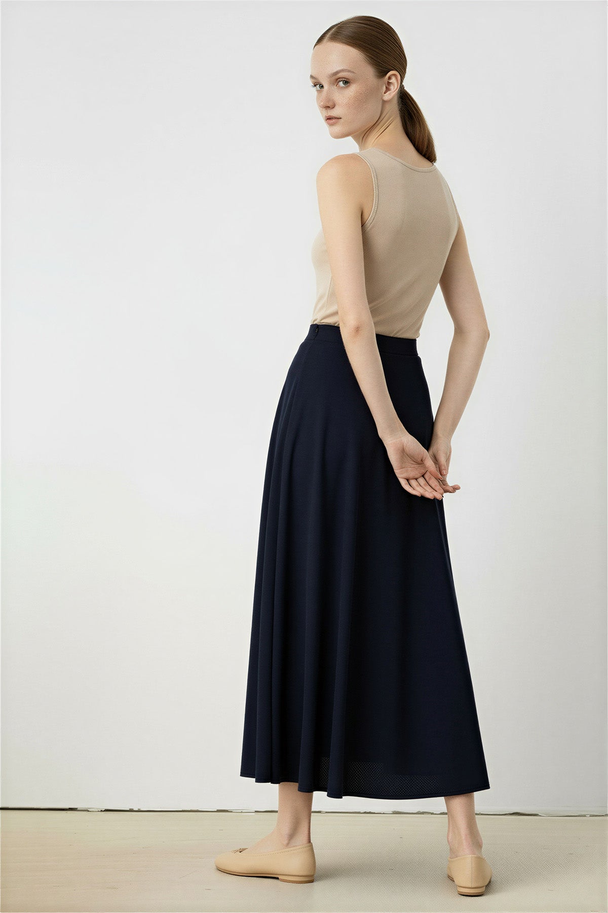 Navy Pleated Midi Skirt