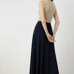Navy Pleated Midi Skirt