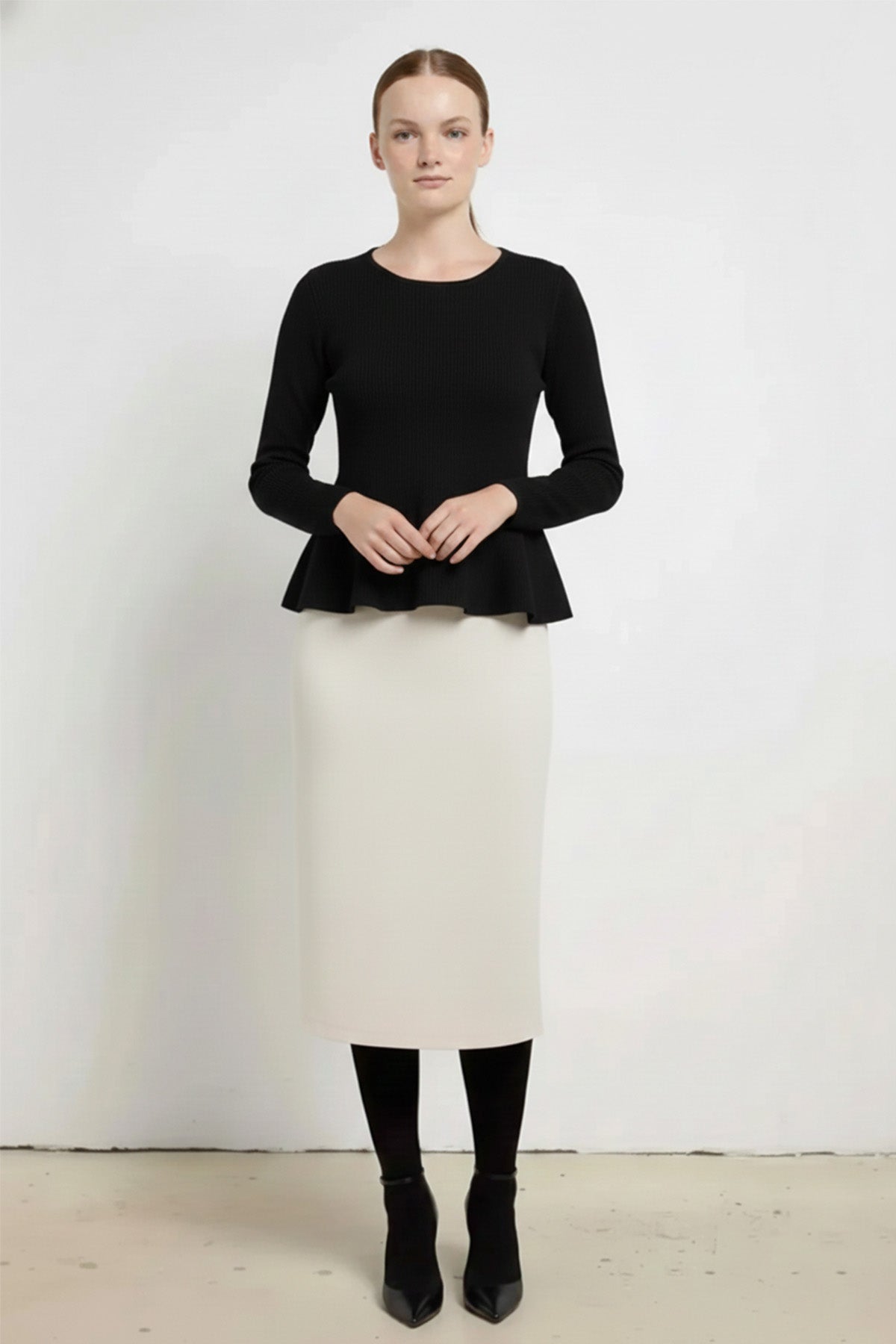 Ecru Midi Length Knit Skirt