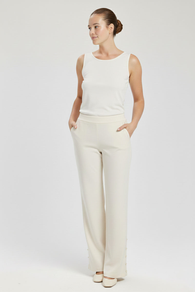 Ecru Cuffed Pearl Detail Women's Pants