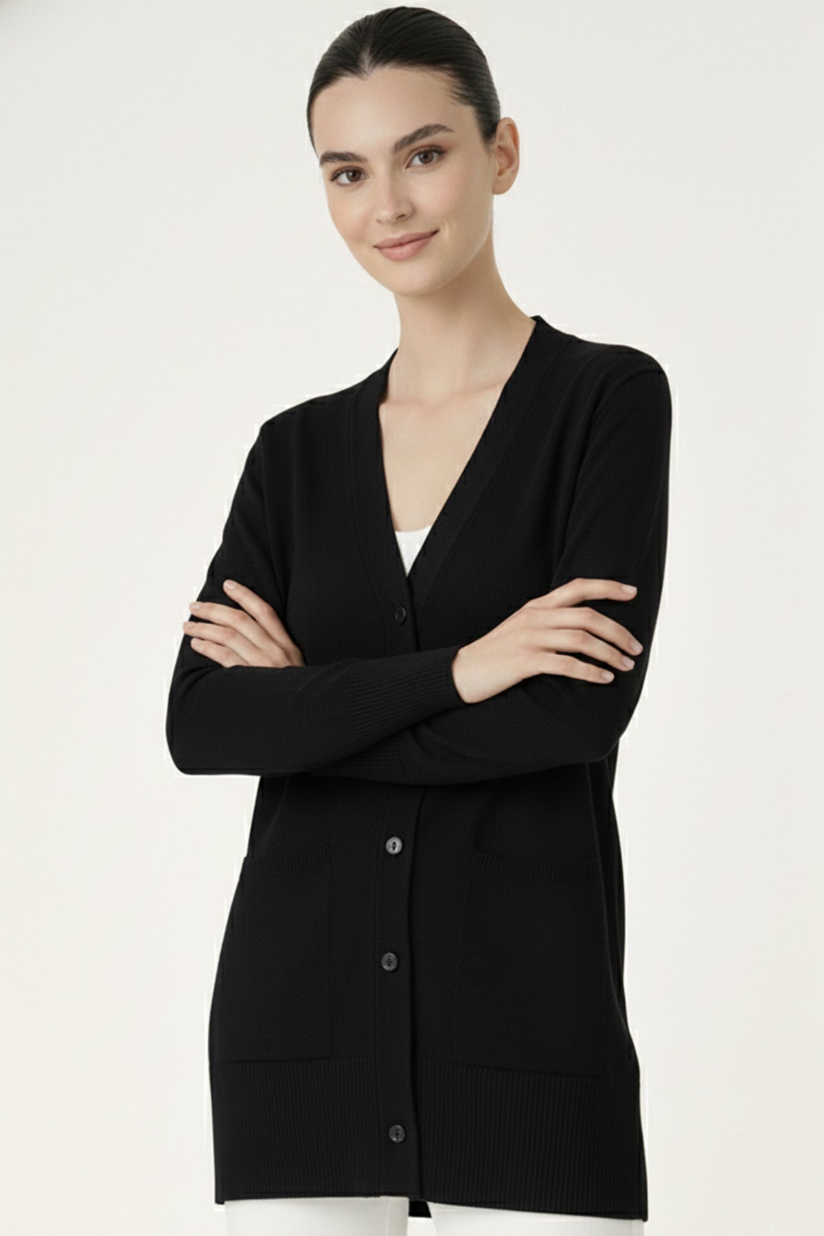 Black V-Neck Button-Up Women's Cardigan