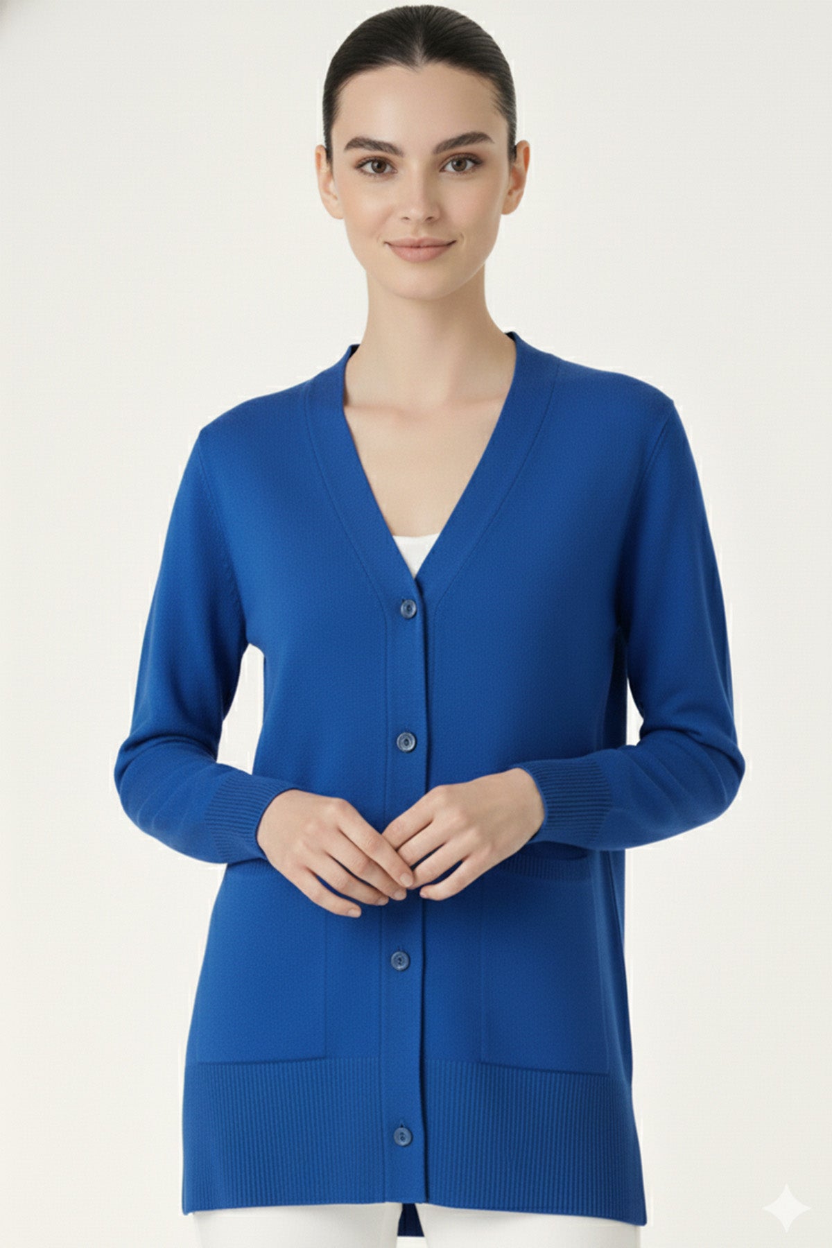 Saxe Blue V-Neck Buttoned Women's Cardigan