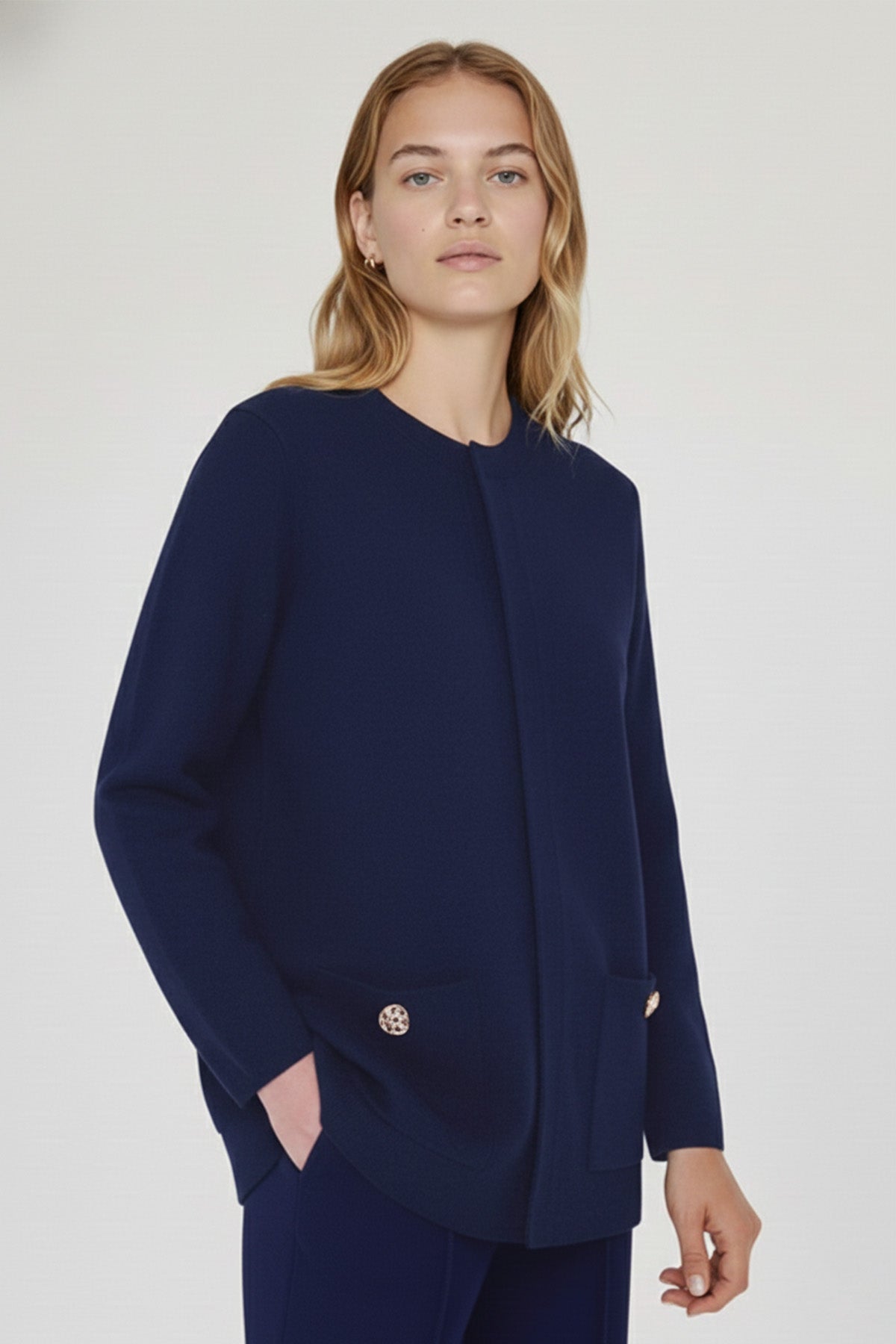 Women's Navy Blue Buttoned Jacket