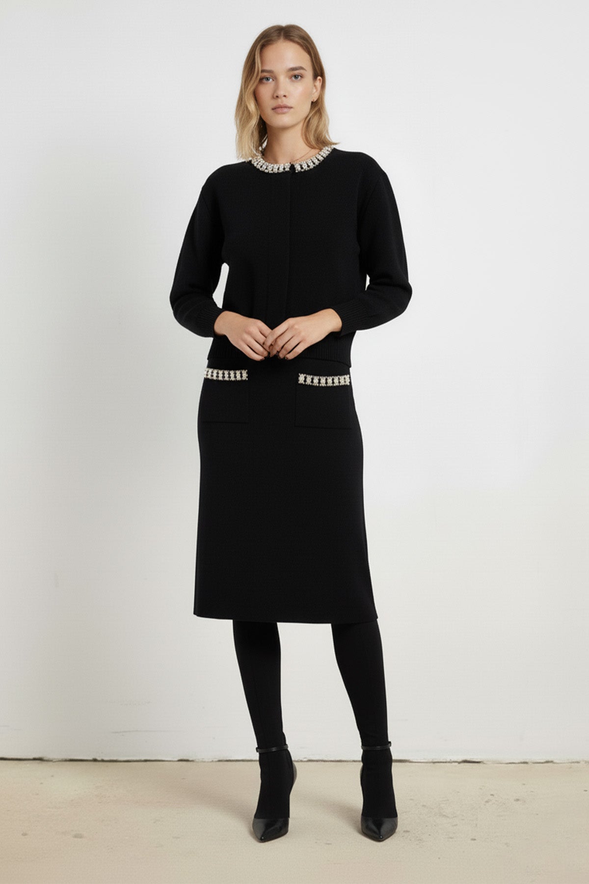 Black Midi Skirt with Stone Embroidered Pockets