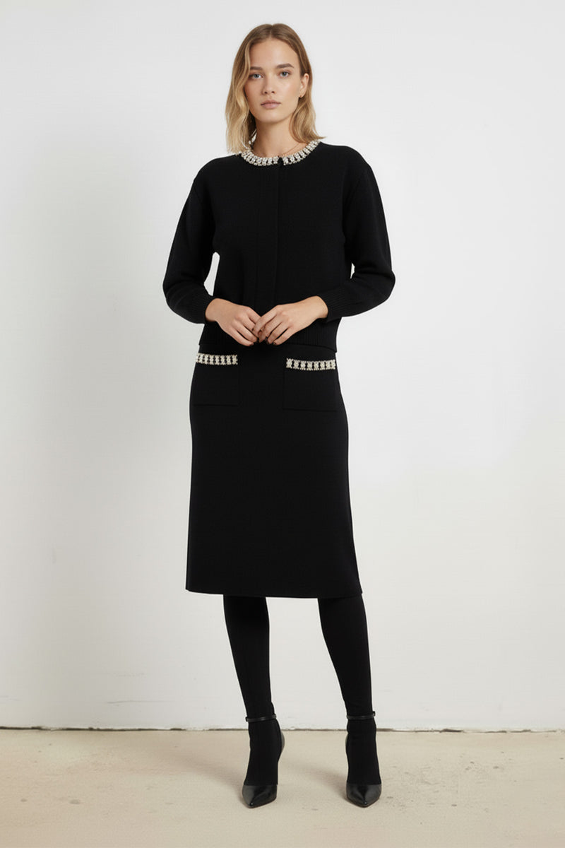 Black Midi Skirt with Stone Embroidered Pockets