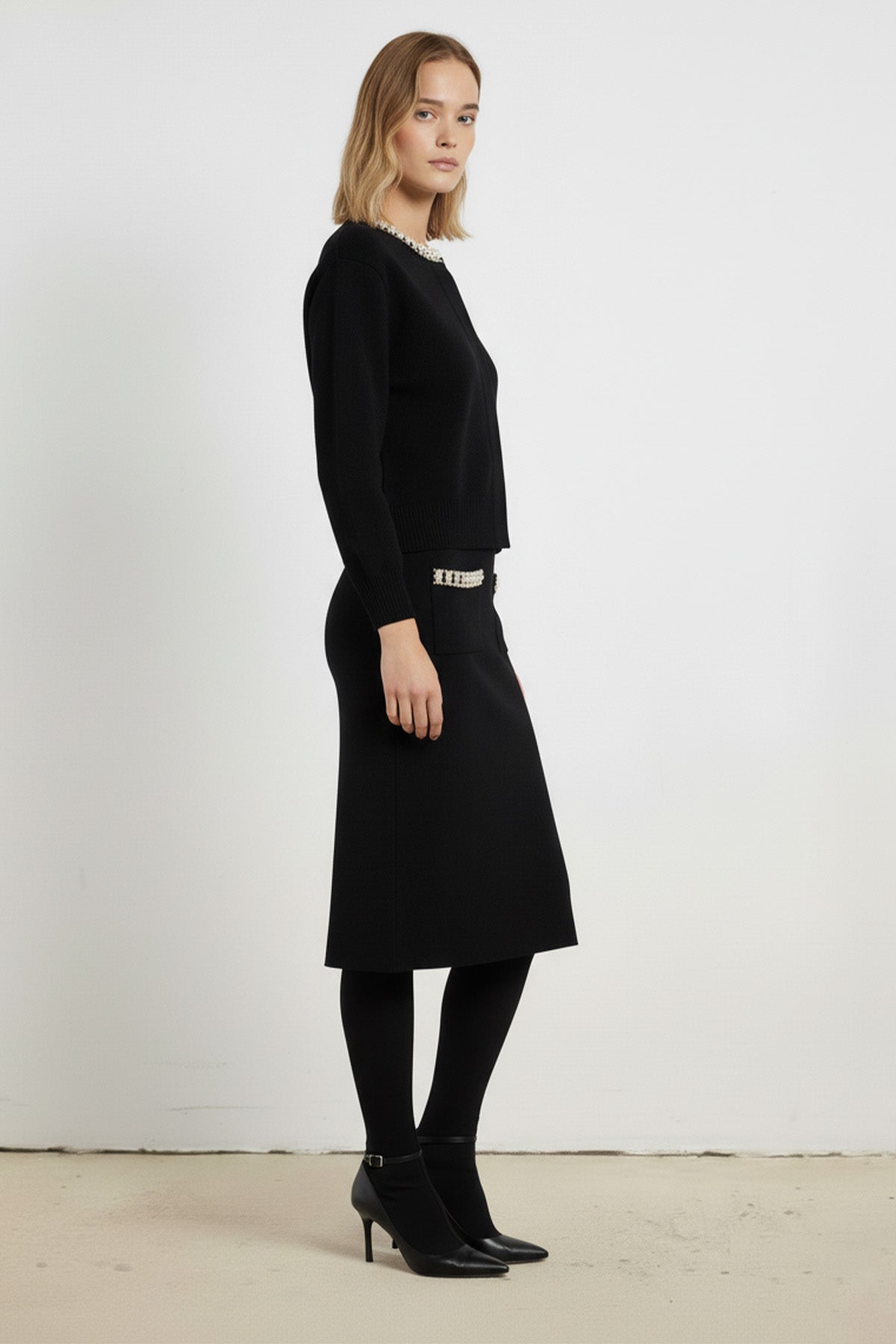 Black Midi Skirt with Stone Embroidered Pockets