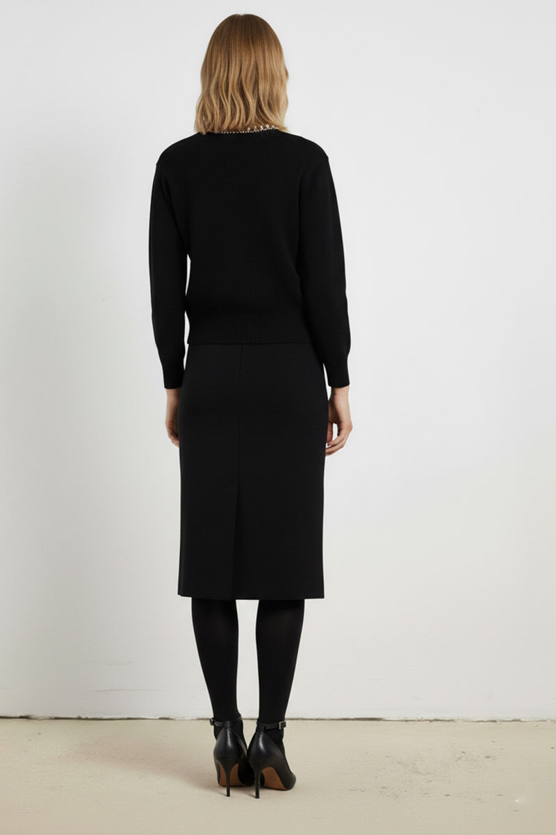 Black Midi Skirt with Stone Embroidered Pockets