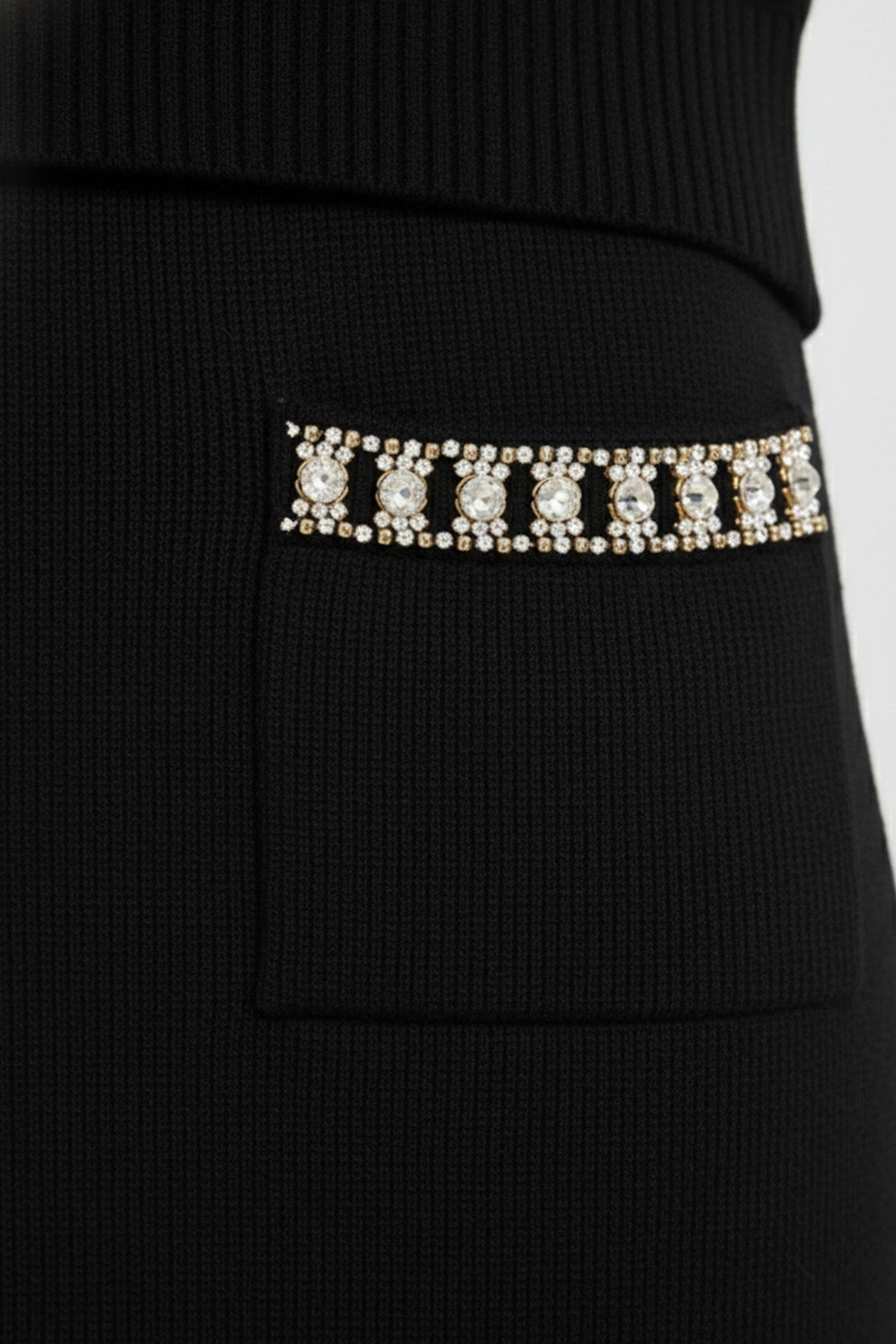 Black Midi Skirt with Stone Embroidered Pockets