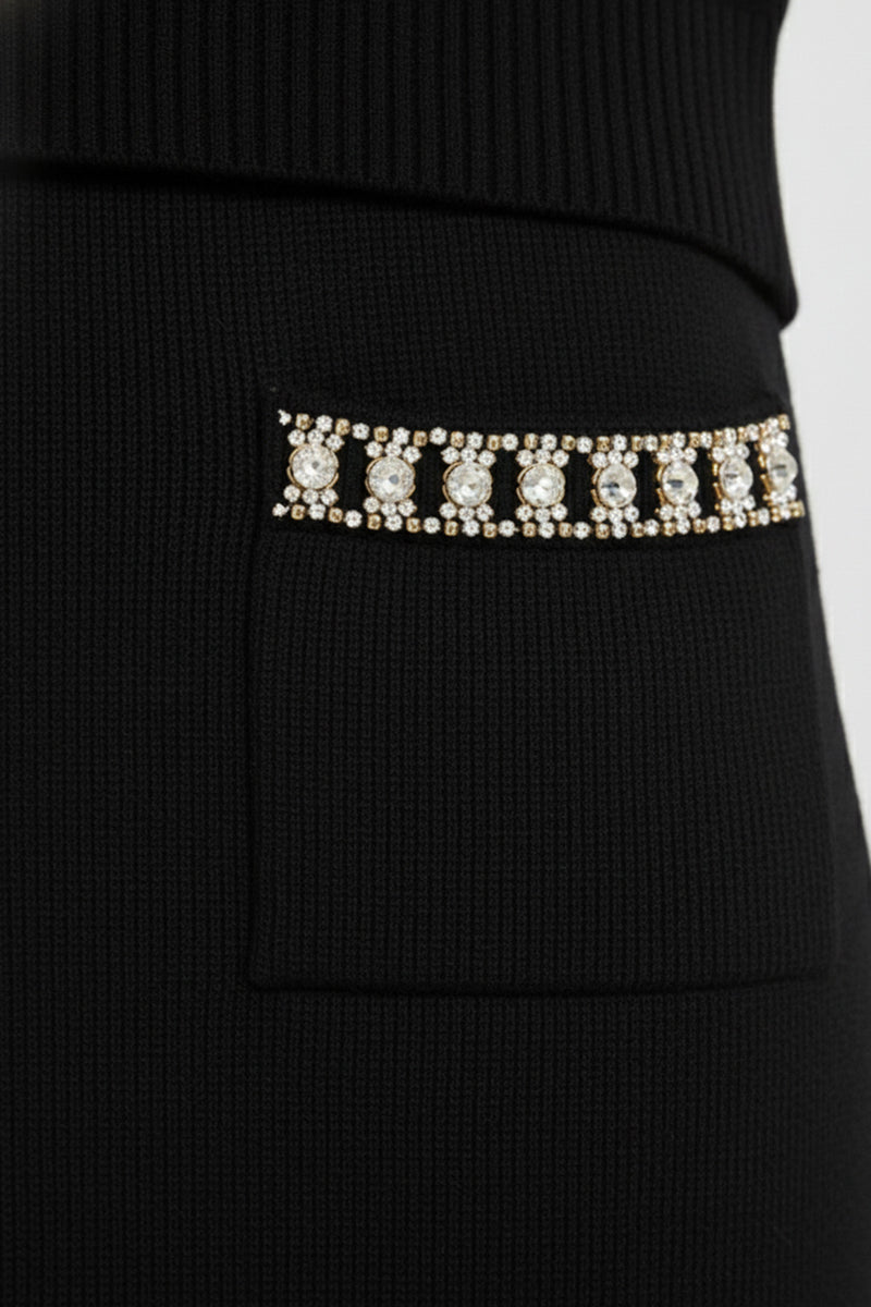 Black Midi Skirt with Stone Embroidered Pockets