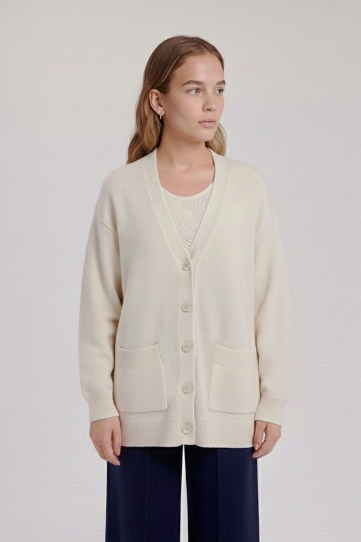 Ecru Buttoned Midi Women's Cardigan