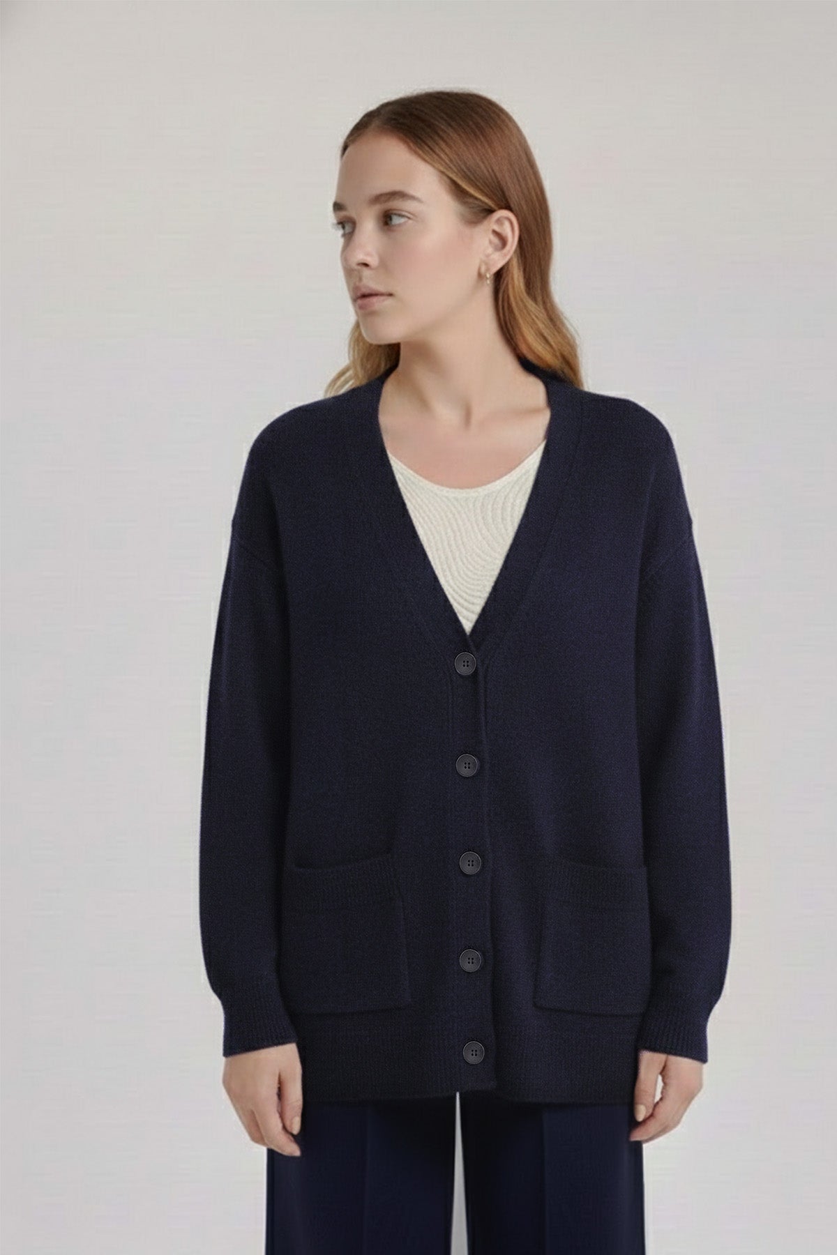 Navy Buttoned Midi Women's Cardigan