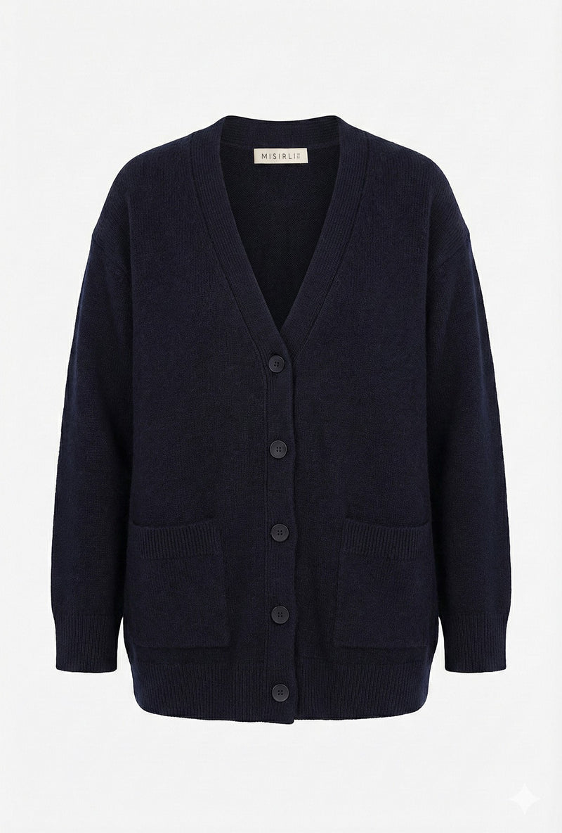 Navy Buttoned Midi Women's Cardigan