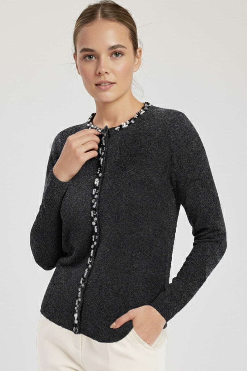 Dark Gray Stone Embroidered Women's Cardigan