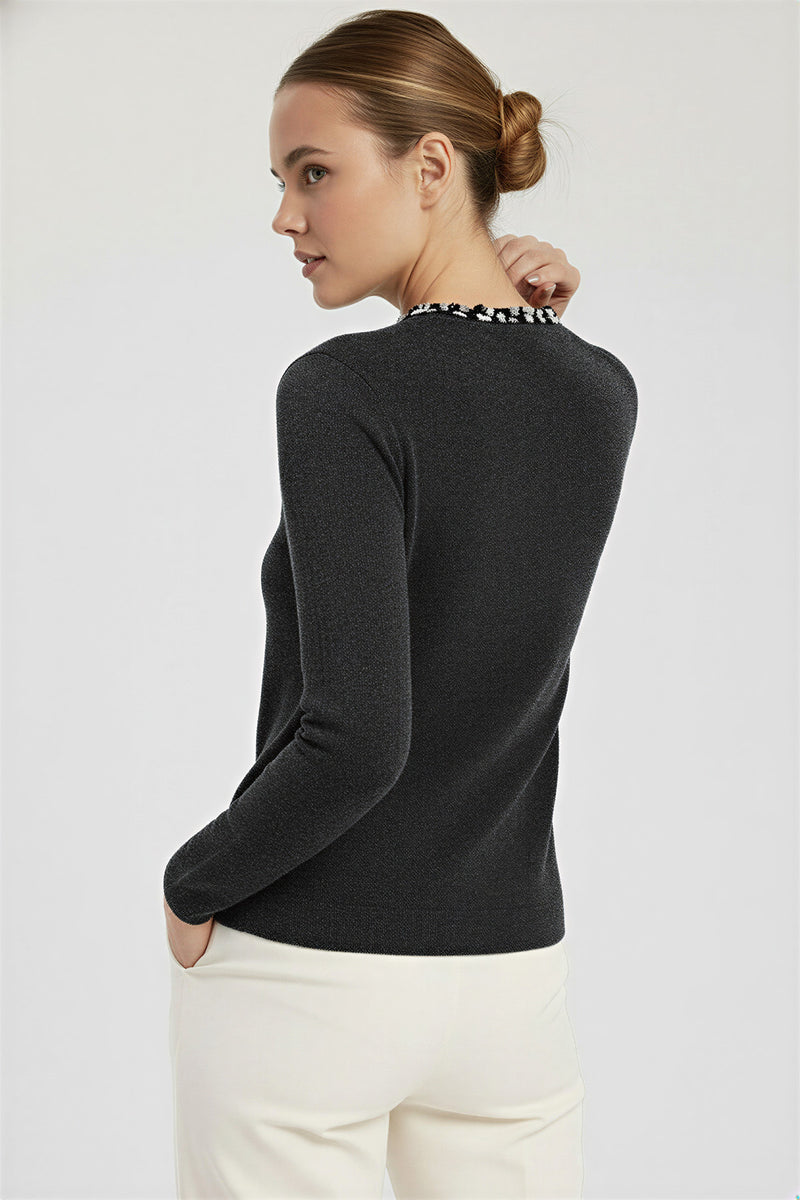 Dark Gray Stone Embroidered Women's Cardigan