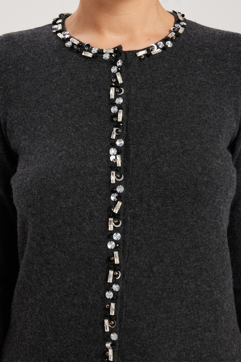 Dark Gray Stone Embroidered Women's Cardigan