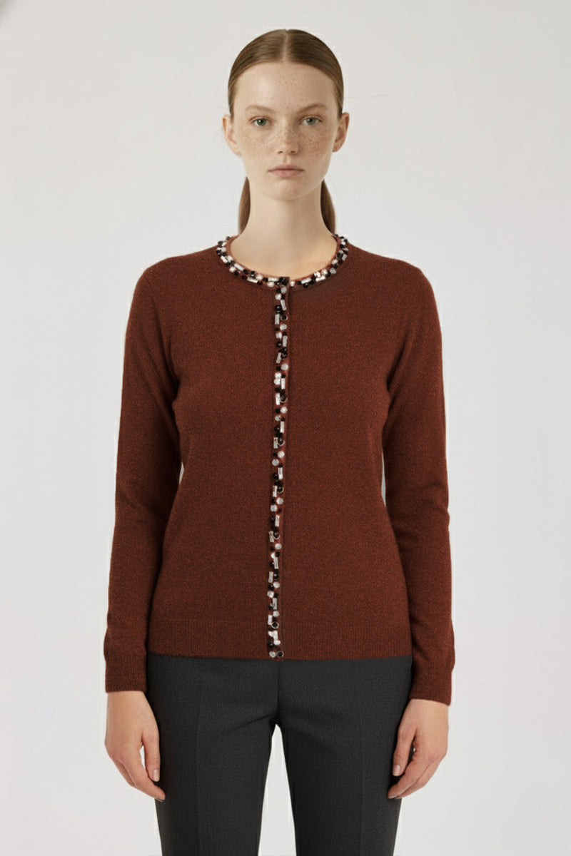 Brown Stone-Embroidered Women's Cardigan