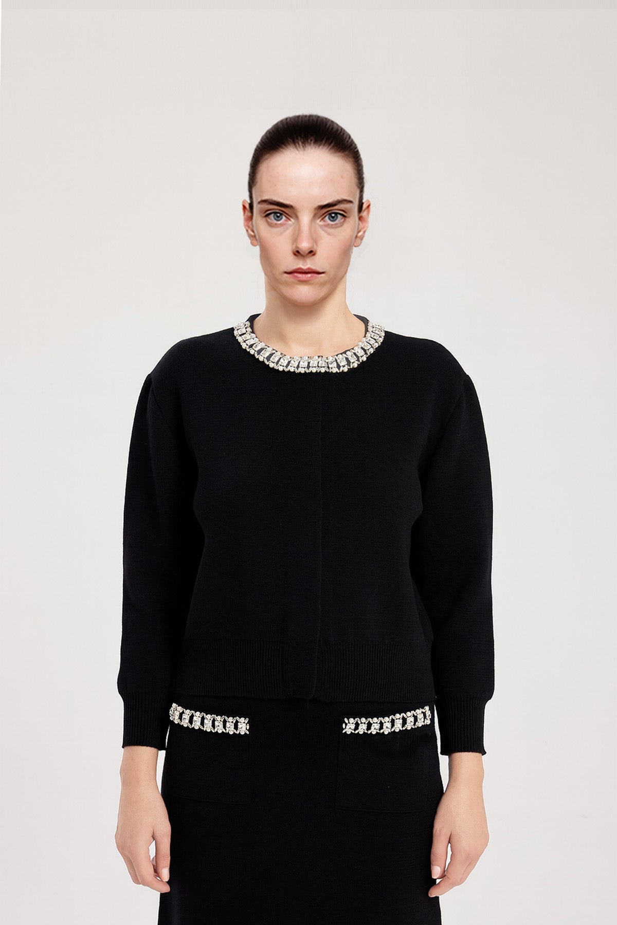 Women's Black Collar Stone Carved Cardigan