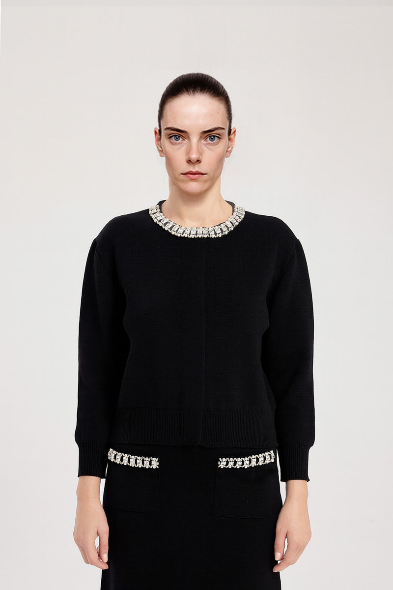 Women's Black Collar Stone Carved Cardigan