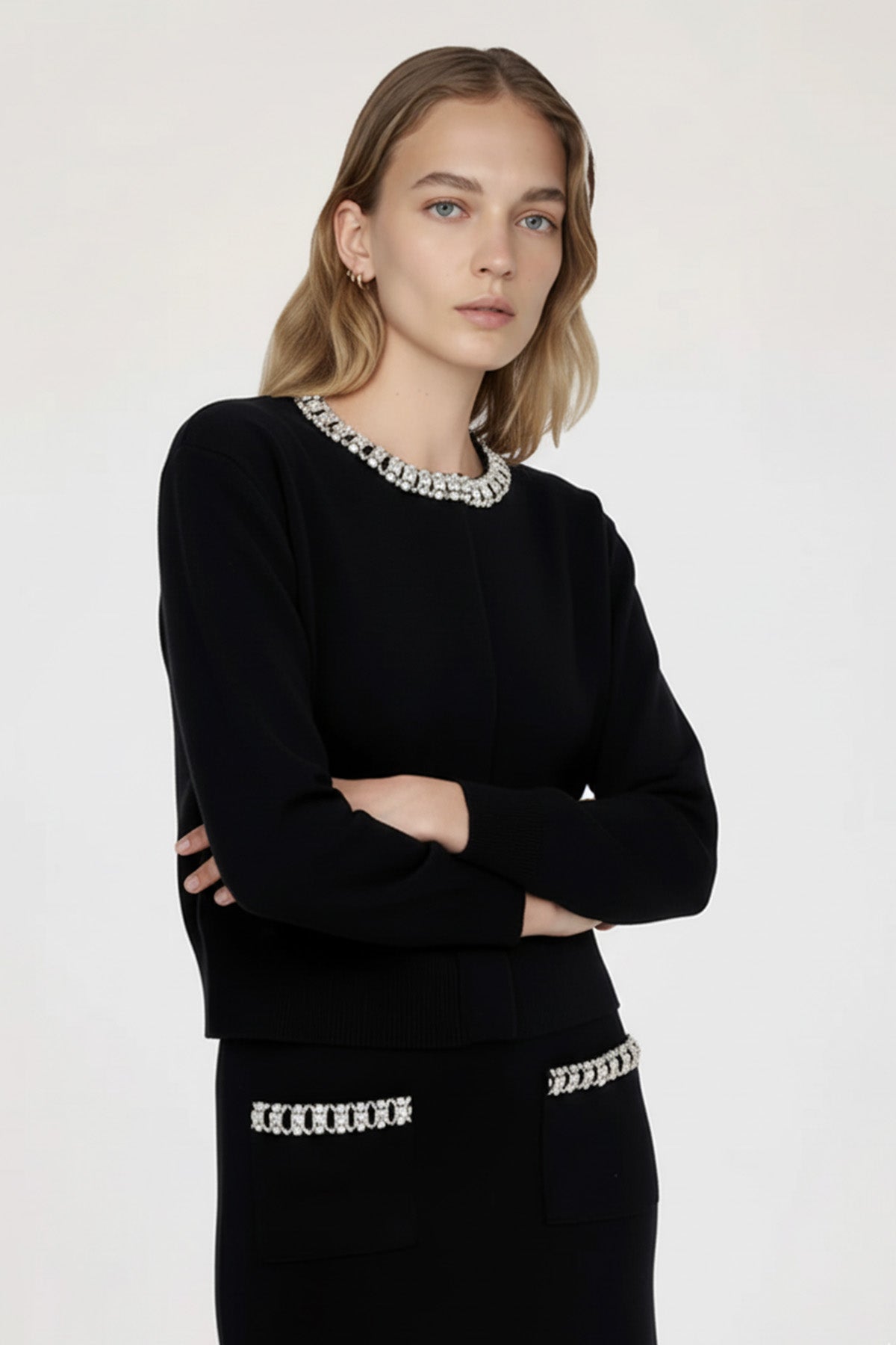 Women's Black Collar Stone Carved Cardigan