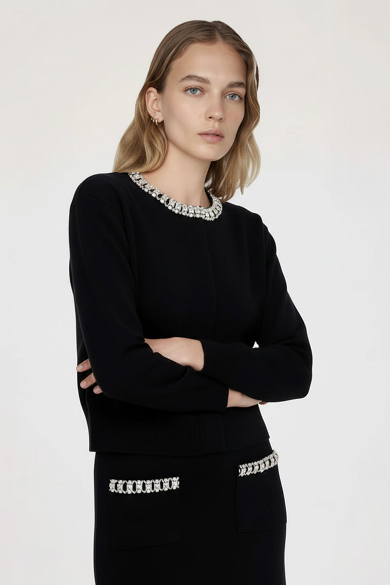 Women's Black Collar Stone Carved Cardigan