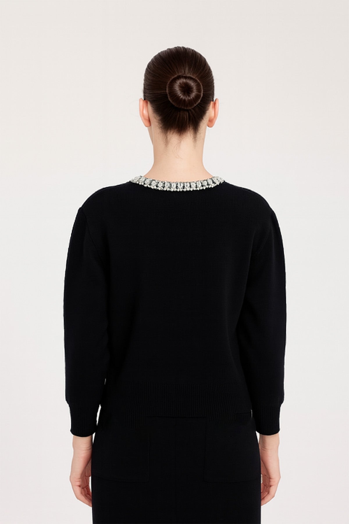 Women's Black Collar Stone Carved Cardigan