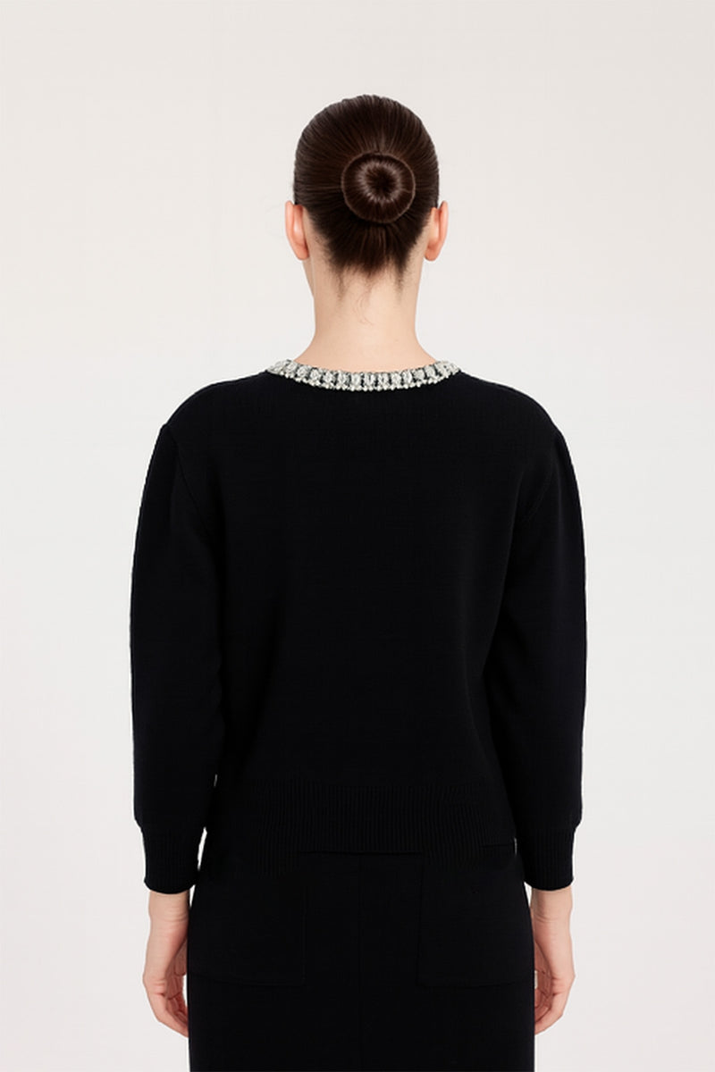 Women's Black Collar Stone Carved Cardigan