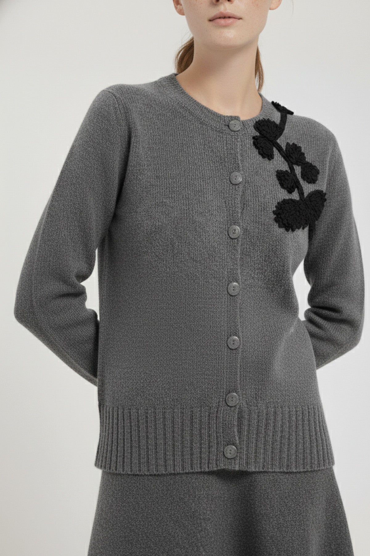 Gray Black Leaf Embroidered Women's Cardigan