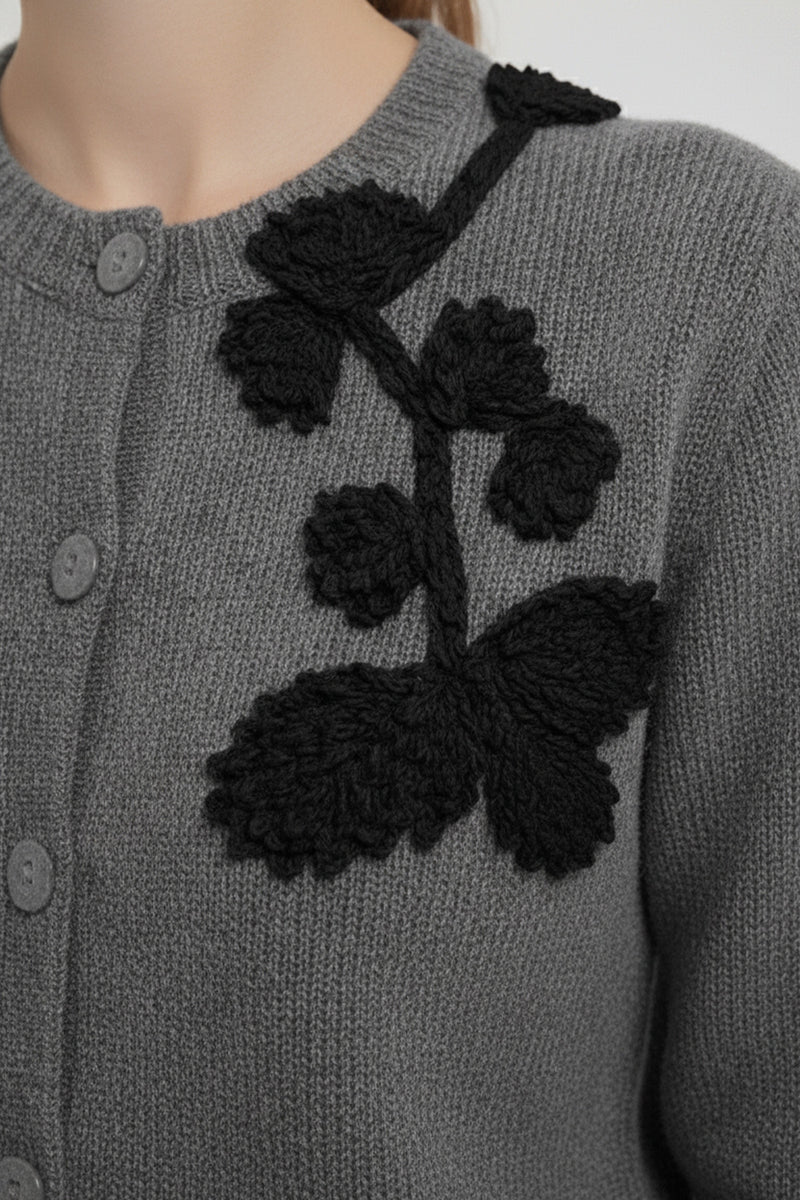 Gray Black Leaf Embroidered Women's Cardigan