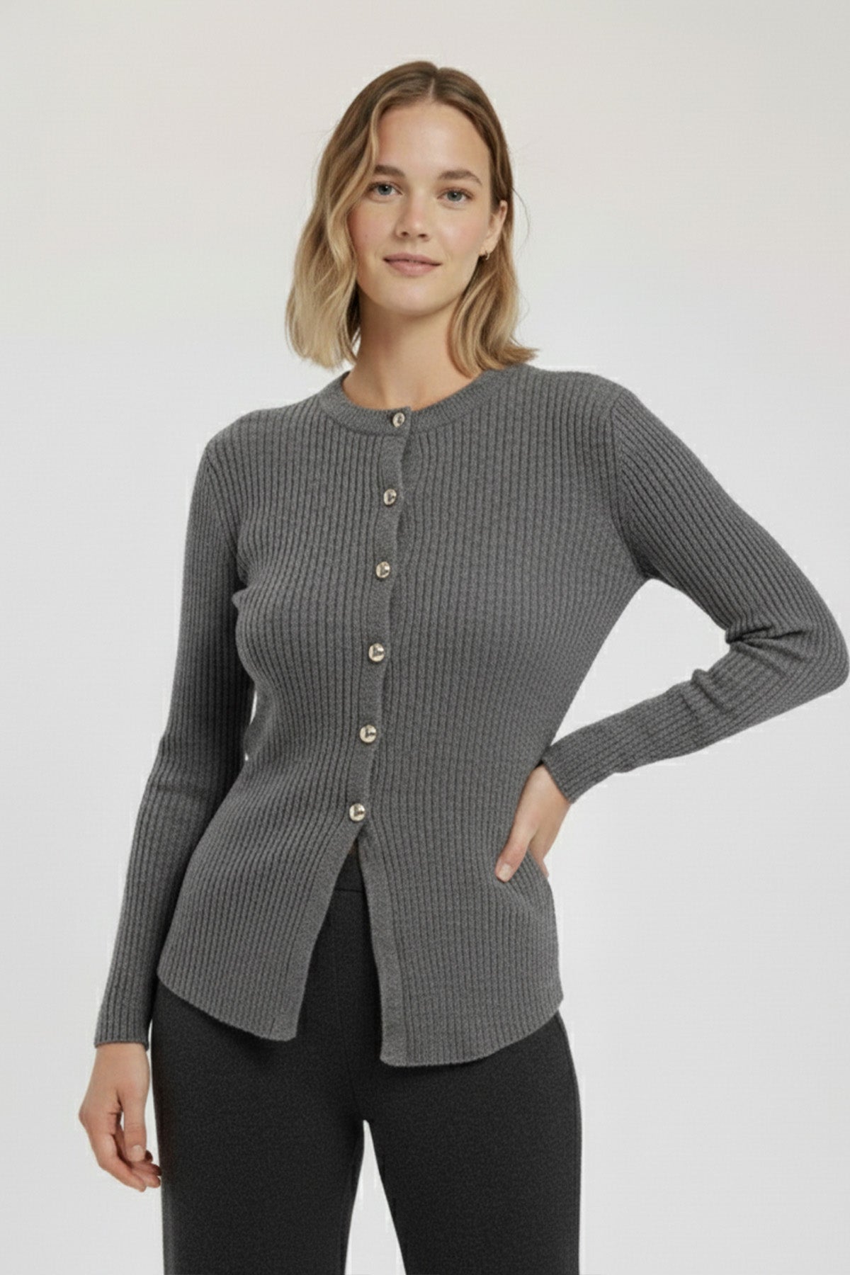 Dark Gray Metal Buttoned Women's Cardigan