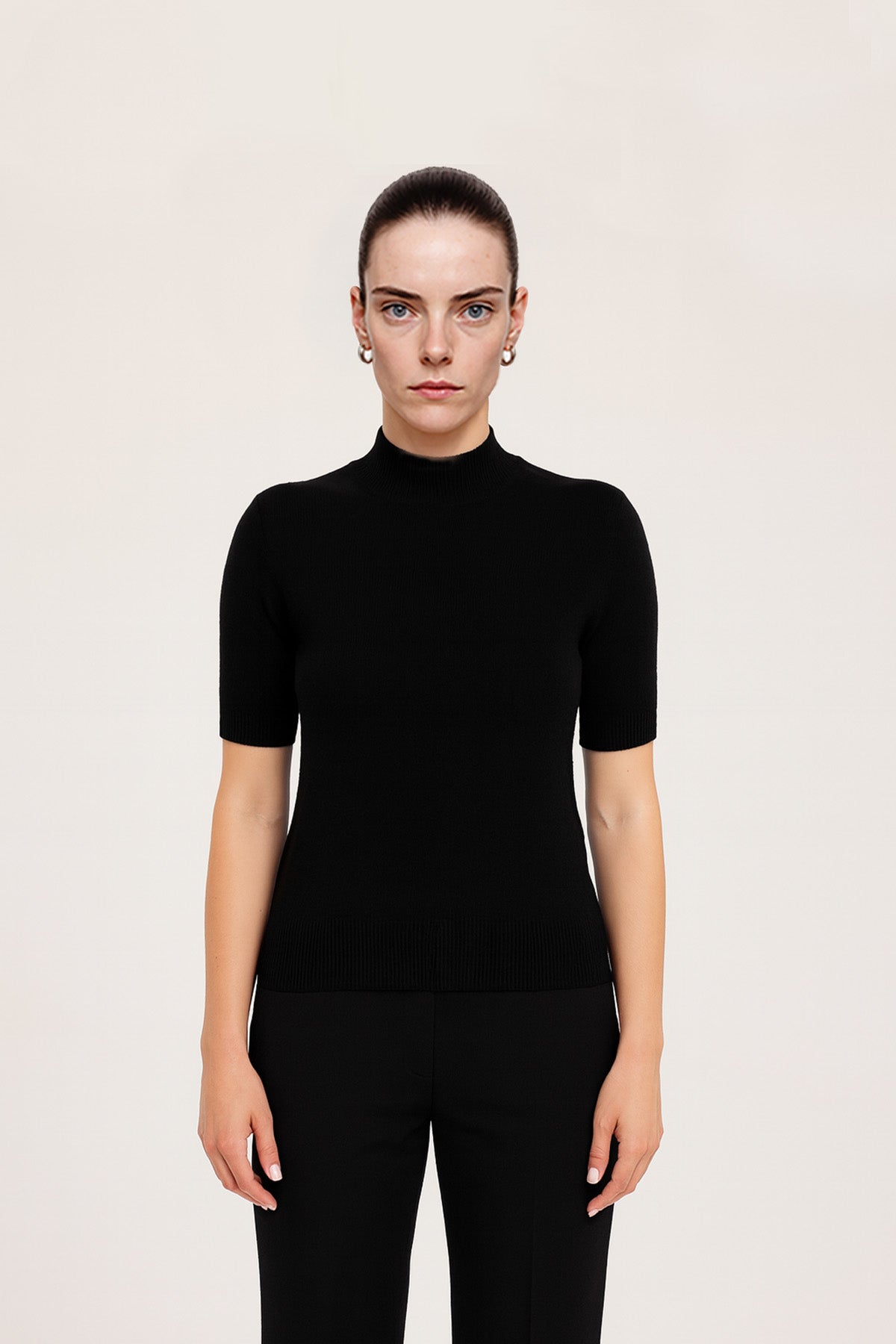 Black Half Neck Short Sleeved Women's Sweater