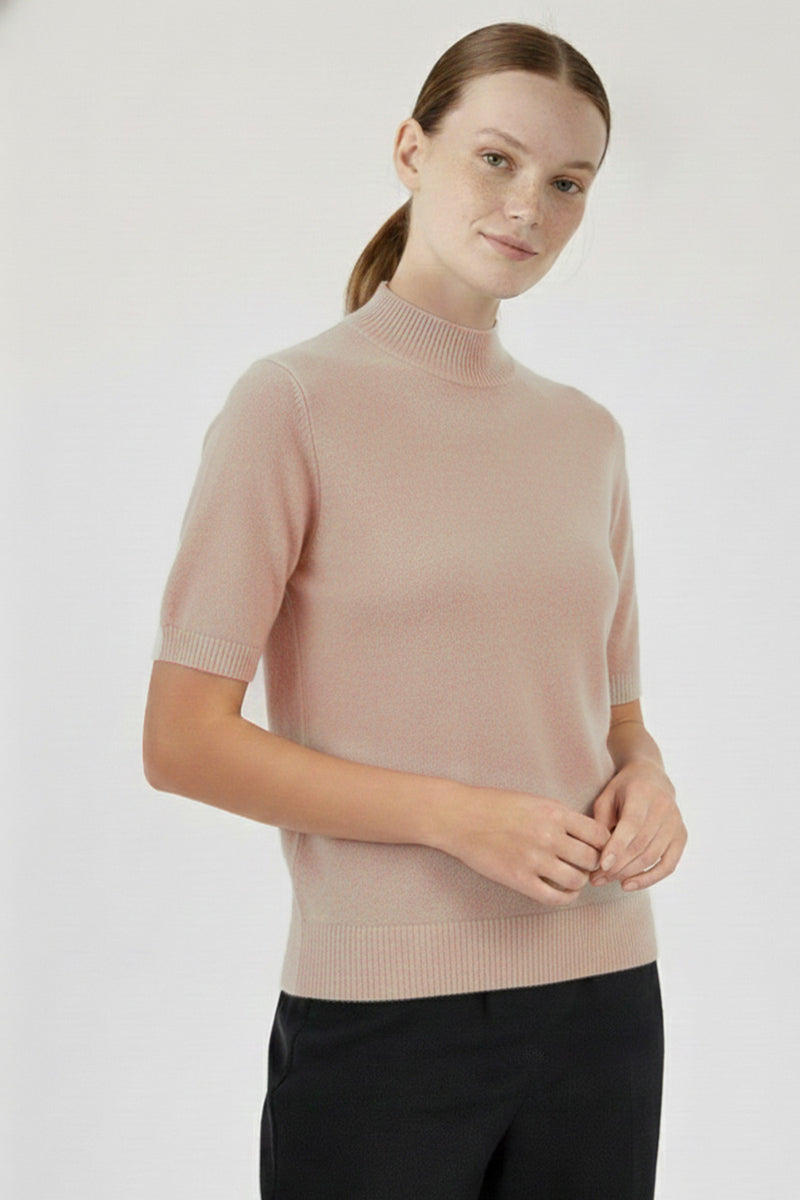 Camel Half-Zip Short Sleeve Women's Sweater